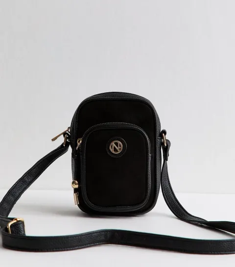 Black Faux Leather Logo Plaque Crossbody Phone Bag