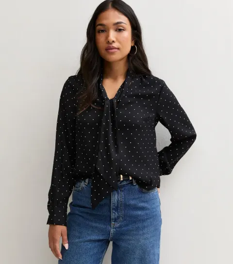 New Look Women's Petite Black Spot Print Scarf Collar Blouse