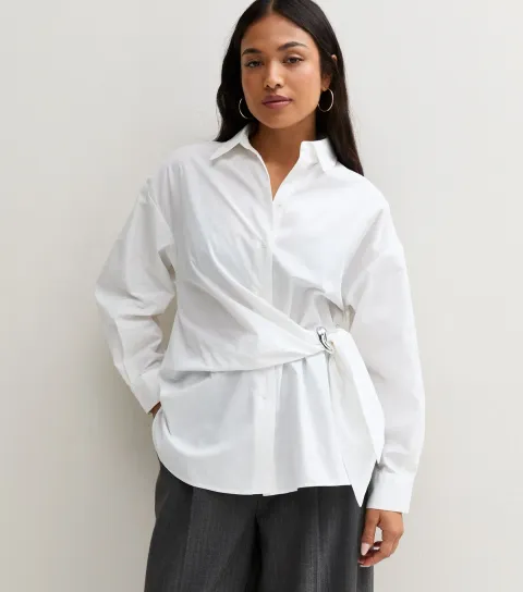 New Look Women's Petite White Cotton Poplin Hardware Detail Gathered Shirt