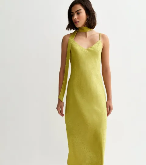 Women's Light Green Satin Slip Midi Dress with Scarf