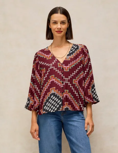 White Stuff Geometric Jacquard V-Neck Top Plum
