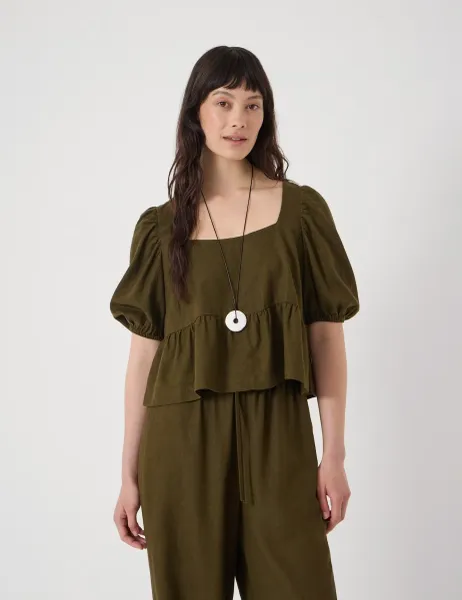 HUSH Linen Rich Square Neck Puff Sleeve Beach Top Khaki