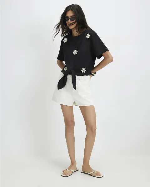 River Island Cotton Flower Shell Knot Front T-Shirt