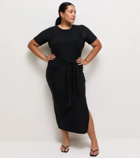 New Look Women's Plus Size Dark Brown Knotted Waist Midi Dress Curves