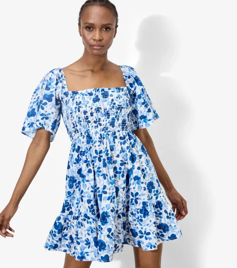 Women's Blue Floral Print Smocked Mini Dress