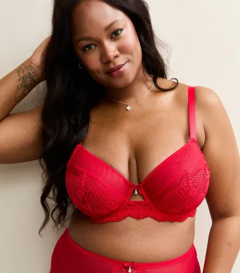 Women's Plus Size Red Floral Lace Non Padded Bra Curves