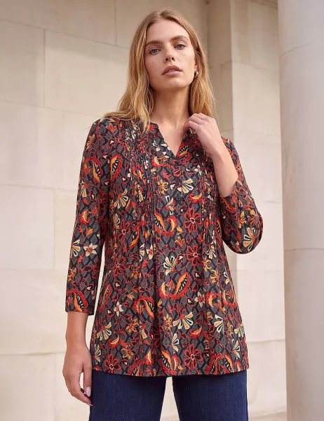 Roman Geometric Floral Notch Neck Pintuck Shirt Copper