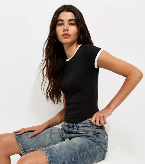 Women's Black Cotton Rich Contrast Trim Ringer T-Shirt