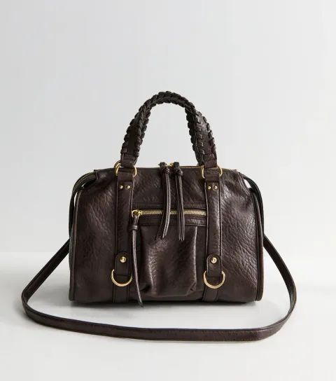 New Look Dark Brown Pebbled Faux Leather Whipstitch Trim Crossbody Bag Vegan