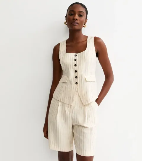 Women's Cream Stripe Square Neck Waistcoat
