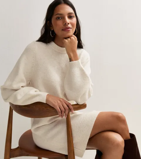 New Look Women's Oatmeal Knit Balloon Sleeve Mini Dress