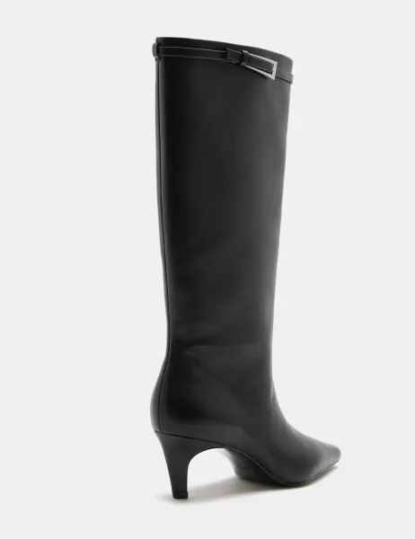 Marks & Spencer Buckle Kitten Heel Pointed Toe Knee High Boot Black