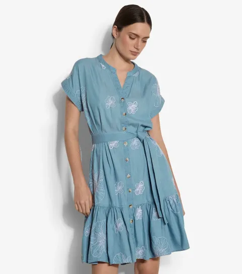 Women's Light Blue Floral Embroidered Denim Button Mini Dress