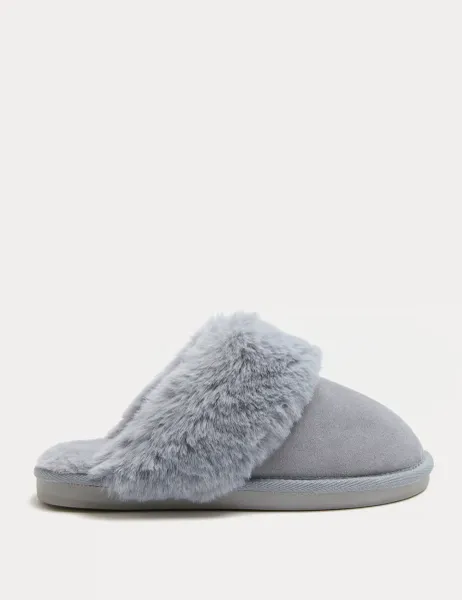 Marks & Spencer Suede Faux Fur Trim Mule Slippers Pale Blue