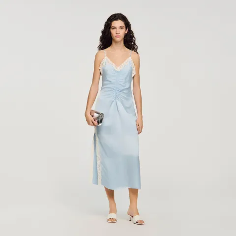 Satin-effect maxi dress with straps