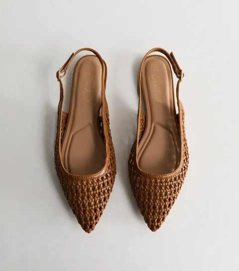 Women's Tan Faux Leather Woven Slingback Pumps Vegan