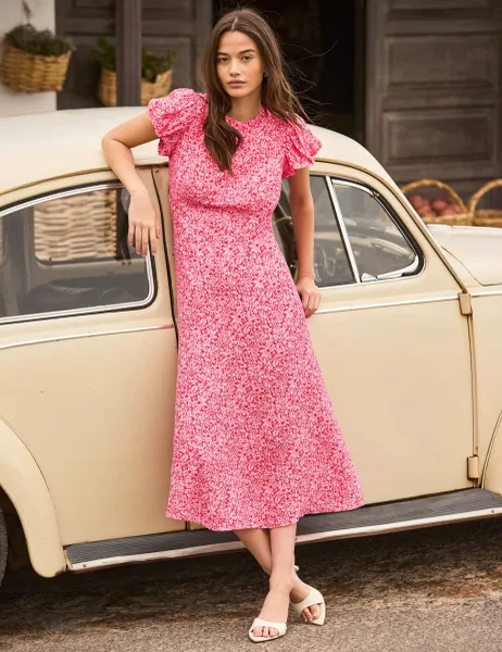 RO&ZO Ditsy Floral Puff Sleeve Midi Tea Dress Pink Mix