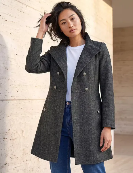 Roman Petite Herringbone Funnel Neck Coat with Wool Grey Mix