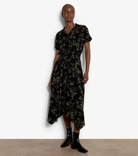 Apricot Women's Dark Khaki Leaf Print Handkerchief Hem Midi Dress