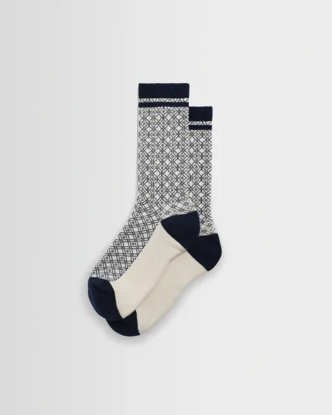 Wax London Thorpe - Ecru and Navy Diamond Jacquard Socks