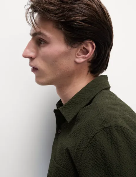 Marks & Spencer Cotton Rich Seersucker Shirt Khaki