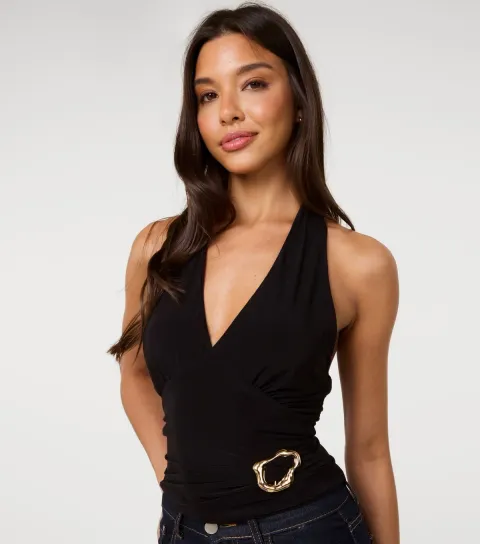 Women's Black Abstract Buckle Halter Neck Top