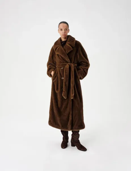 Marks & Spencer Relaxed Faux Fur Longline Trench Coat Brown