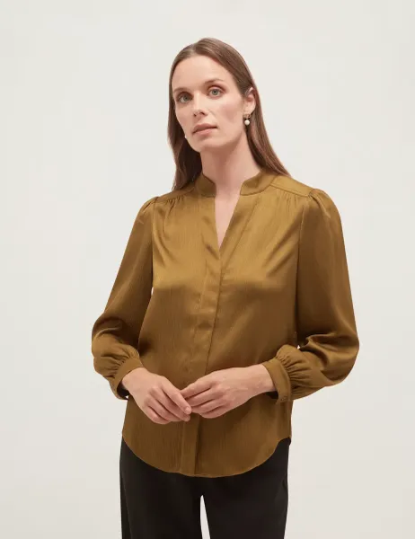 Hobbs Satin Textured Notch Neck Blouse Green