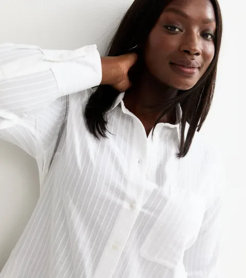 Women's Plus Size White Cotton Striped Shirt Curves