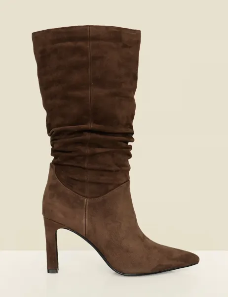 SOSANDAR Suede Ruched Pointed Toe Boots Brown