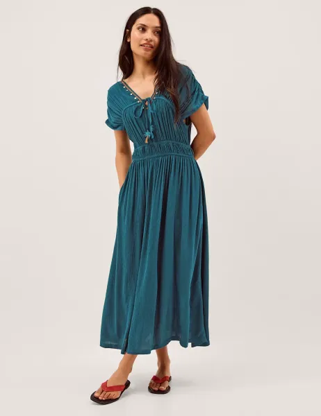 Monsoon Embellished V-Neck Midi Smock Dress Teal