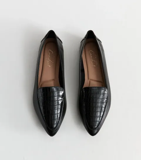 Women's Black Patent Faux Leather Crocodile Embossed Pointed Toe Flats Vegan
