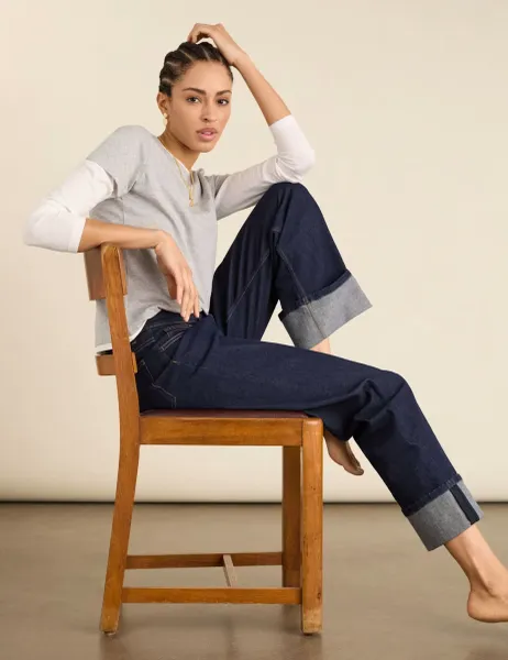 BAUKJEN Mid Rise Straight Leg Turn Up Jeans Dark Blue Denim