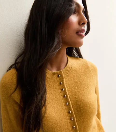 Women's Yellow Crew Neck Long Sleeve Studded Cardigan