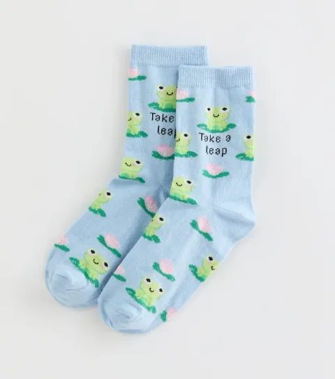 New Look Mid Blue Take a Leap Frog Patterned Ankle Socks