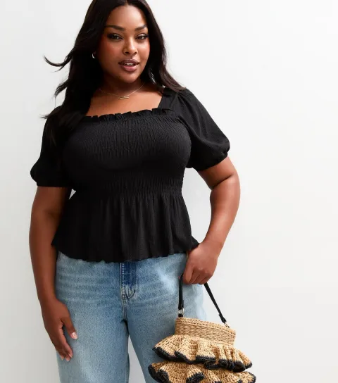 New Look Women's Plus Size Black Shirred Puff Sleeve Top Curves