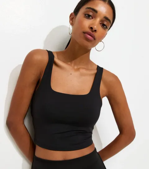 Women's Black Jersey Cropped Square Neck Vest Top