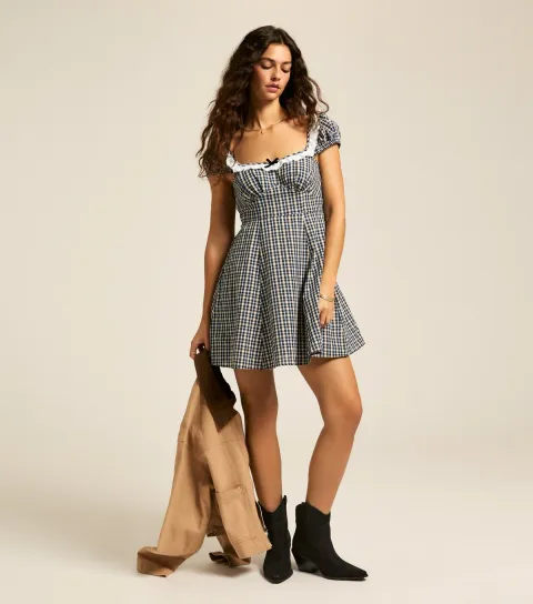 New Look Women's Black Checked Broderie Anglaise Mini Dress