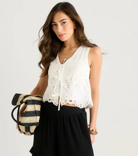 Women's White Cotton Broderie Anglaise Tie Front Waistcoat