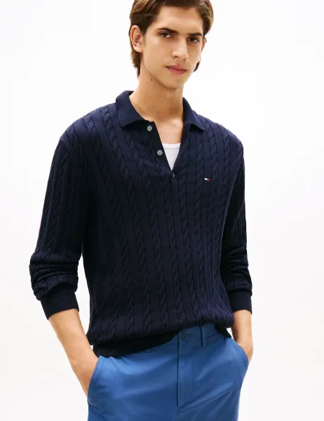 Tommy Hilfiger Pure Cotton Cable Knit Polo Shirt Navy
