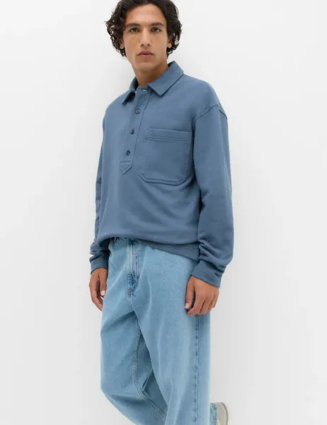 Marks & Spencer Pure Cotton Heavyweight Long Sleeve Polo Shirt Dusty Blue