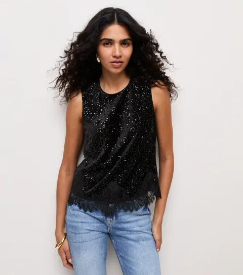 Women's Black Sequin Lace Trim Sleeveless Top