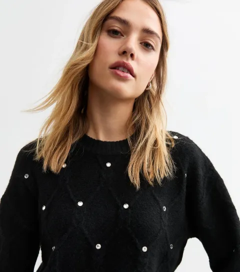 Women's Black Diamanté Embellished Diamond Knit Jumper