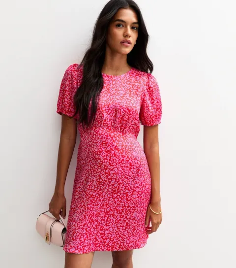 Women's Pink Disty Print Open Back Satin Mini Dress