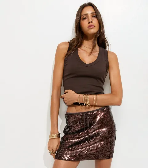 Women's Premium Dark Brown All Over Sequin Beach Mini Skirt