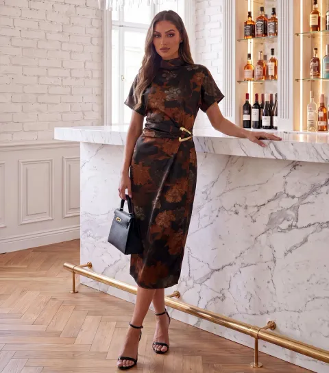 AX Paris Women's Brown Floral Jacquard Waist Buckle Midi Dress