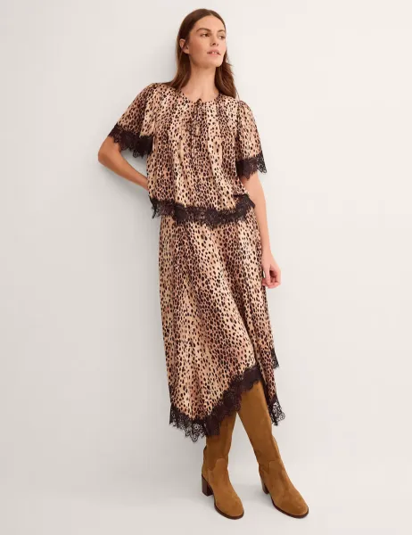 Monsoon Printed Lace Hanky Hem Midi A-Line Skirt Brown Mix