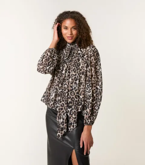 Women's Brown Leopard Print Diamante Stud Puffball Hem Blouse