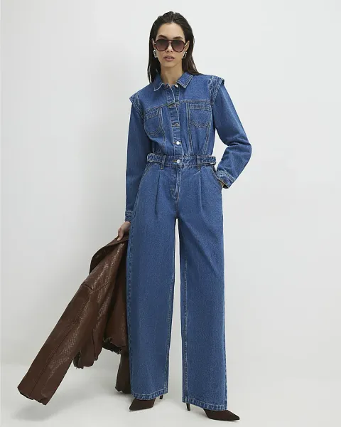River Island Denim Long Sleeve Waisted Jumpsuit