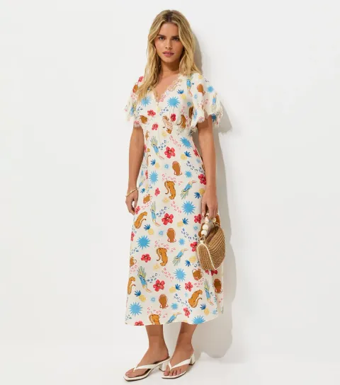 Women's Petite Cream Leopard Print Lace Trim Midi Tea Dress